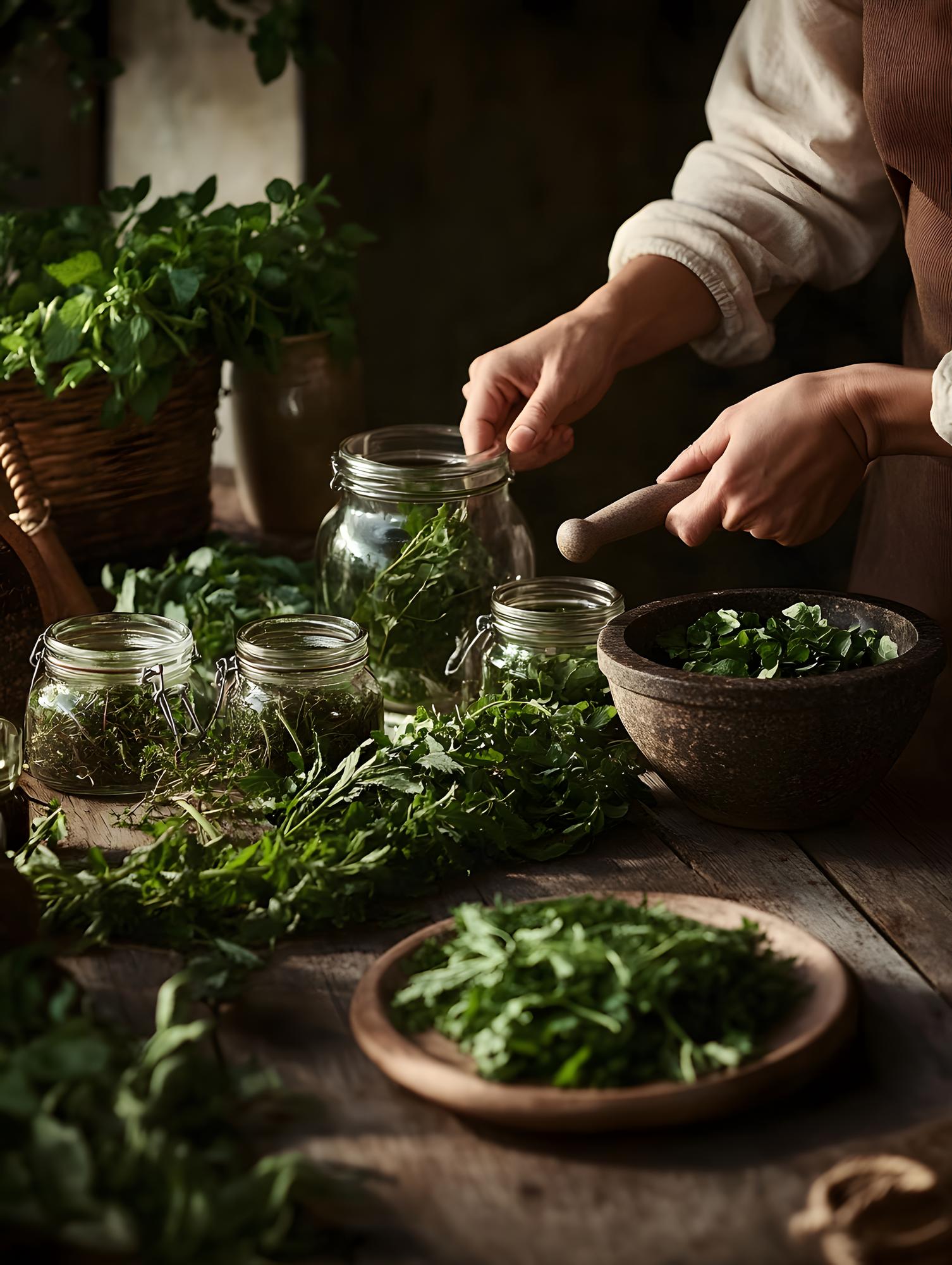 chef in warm kitchen arranging herbs