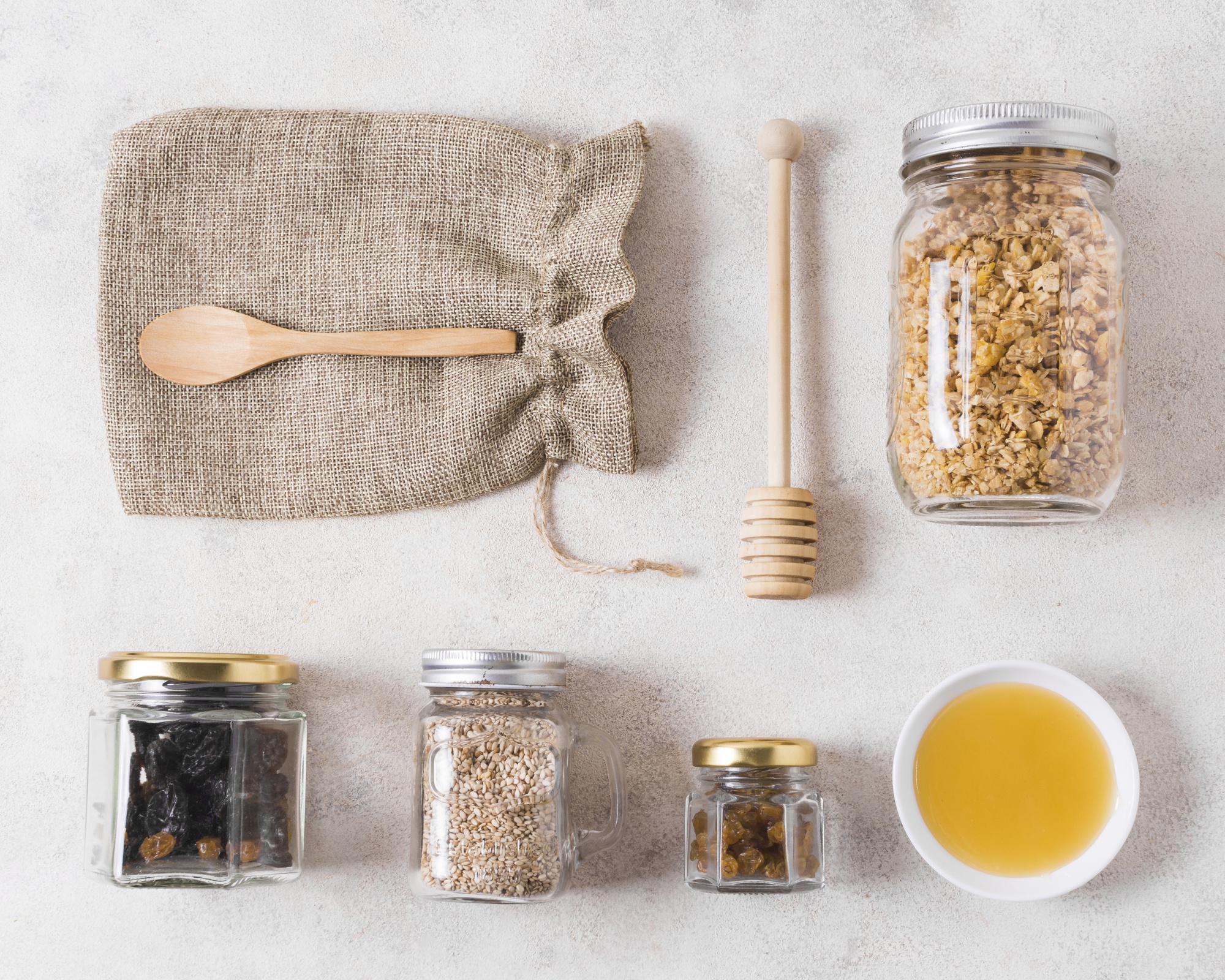 flatlay of curated pantry jars and labeled ingredients