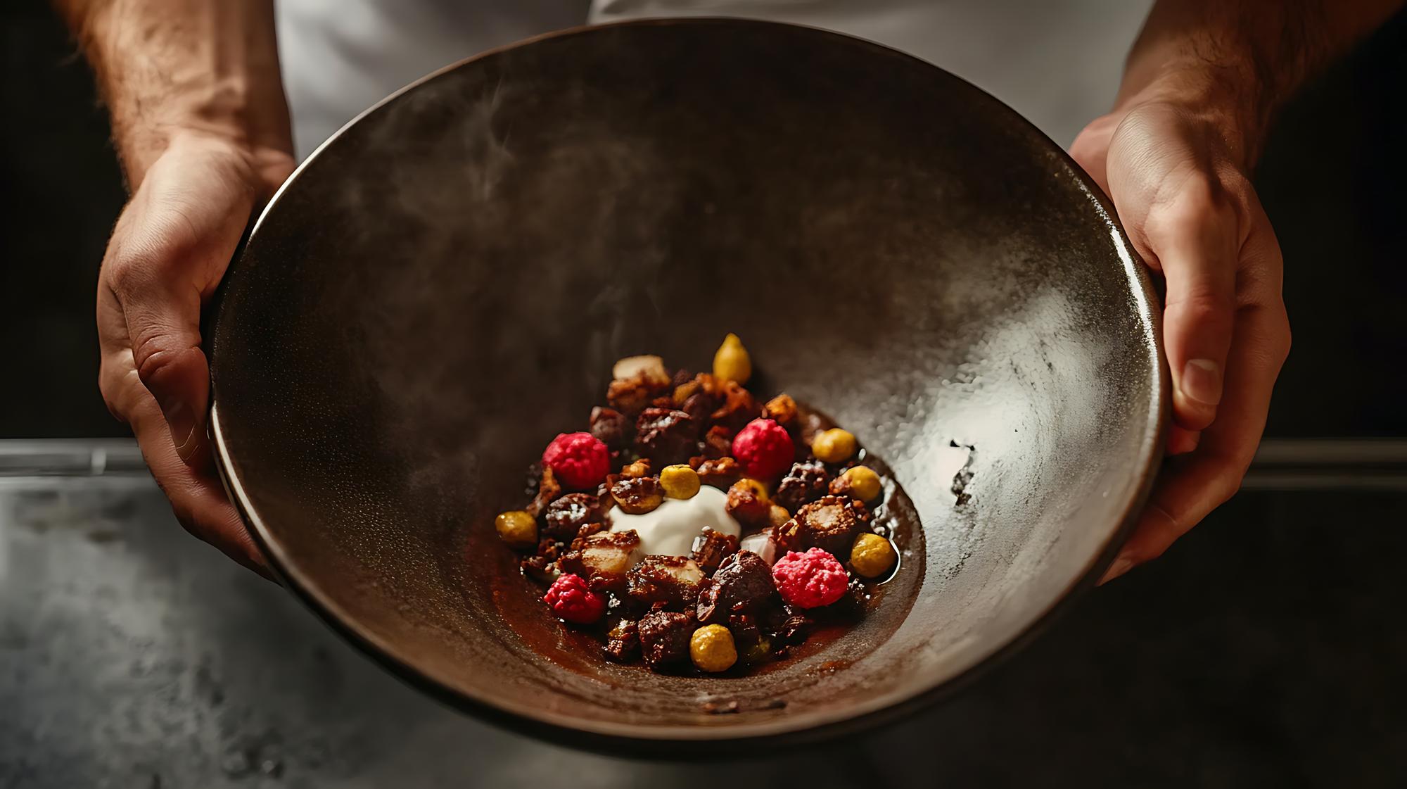hands plating a rustic composed dish on wooden table